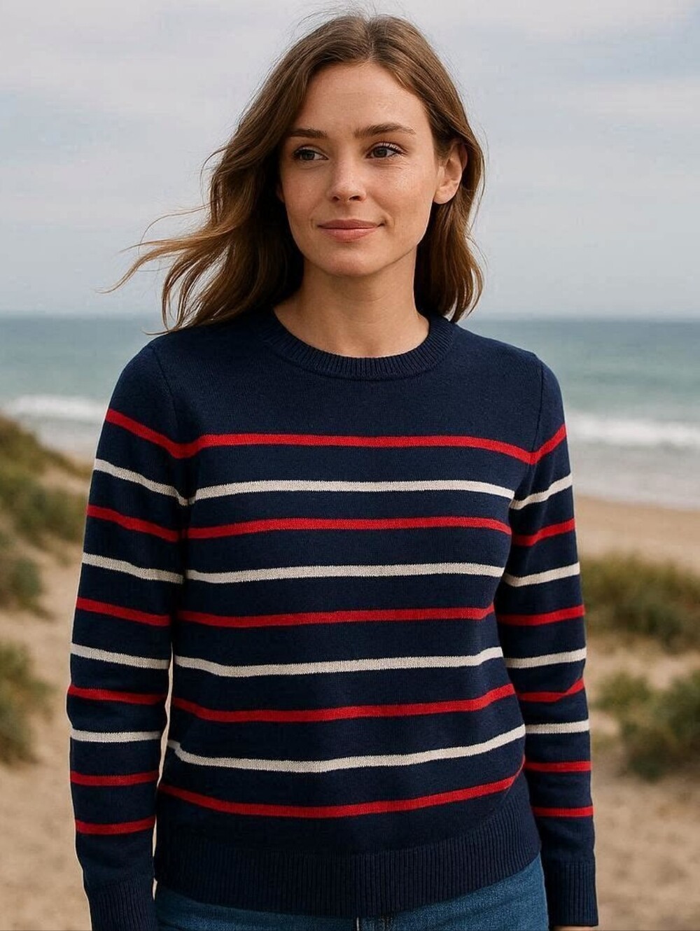 Banana Republic Cashmere Sweater Crewneck Stripe Blue with Red & White Stripe